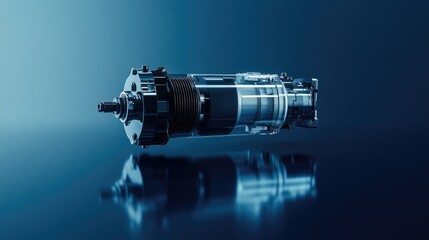 Single brushless motor floating with subtle shadow, isolated on gradient navy background