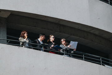 A diverse group of business people stand on a balcony, reviewing documents and discussing...