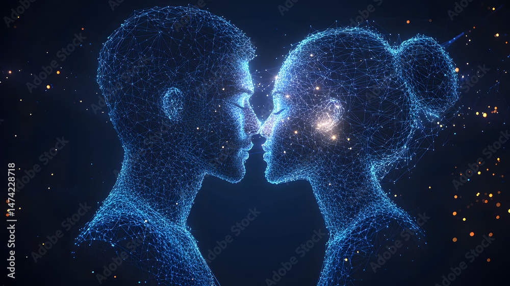 Aufkleber intimate moment captured in a digital embrace. two figures, rendered in vibrant blue lines, share a 