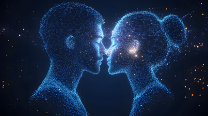 Intimate moment captured in a digital embrace. Two figures, rendered in vibrant blue lines, share a tender connection amidst floating golden particles. Abstract wireframe in dark blue