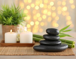 Obraz premium A peaceful retreat featuring plants, stones, and gentle illumination to promote relaxation and renewal