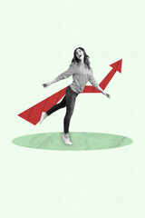 Obraz premium Collage of joyful woman man celebrating financial success with rising arrow symbolizing income or business growth