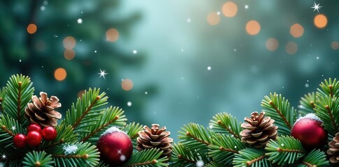 Horizontal Xmas border; fir, pine cones, berries, lights, festive, winter, holiday, greenery, illustration, noel, digital art