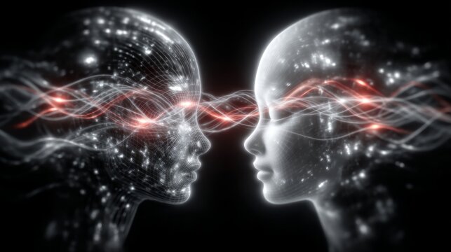 Telepathic interaction between humans and aliens, including profiles of both species, as well as communication with extraterrestrial beings, depicted in a 3D render illustration