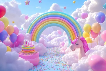Unicorn birthday party background rainbow cake balloons clouds stars celebration fantasy scene backdrop