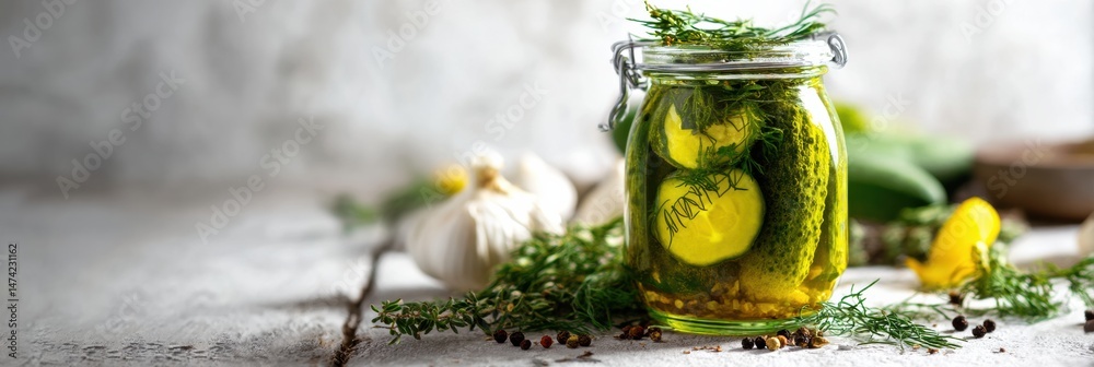 Aufkleber Freshly Pickled Cucumbers With Herbs in a Rustic Setting on a White Wood Table