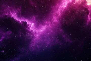 Deep space nebula, vibrant purple and pink nebulous clouds, scattered stars against a dark background. Detailed swirling patterns of cosmic dust and gases