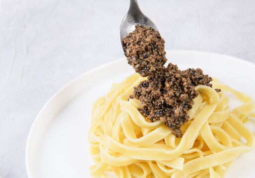 Delicious tagliatelle with savory black truffle