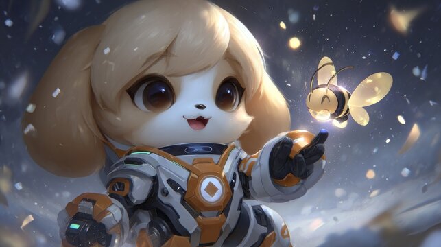 A dog in a state of amazement extends its paw to an extraterrestrial being who is offering it a treat that glows