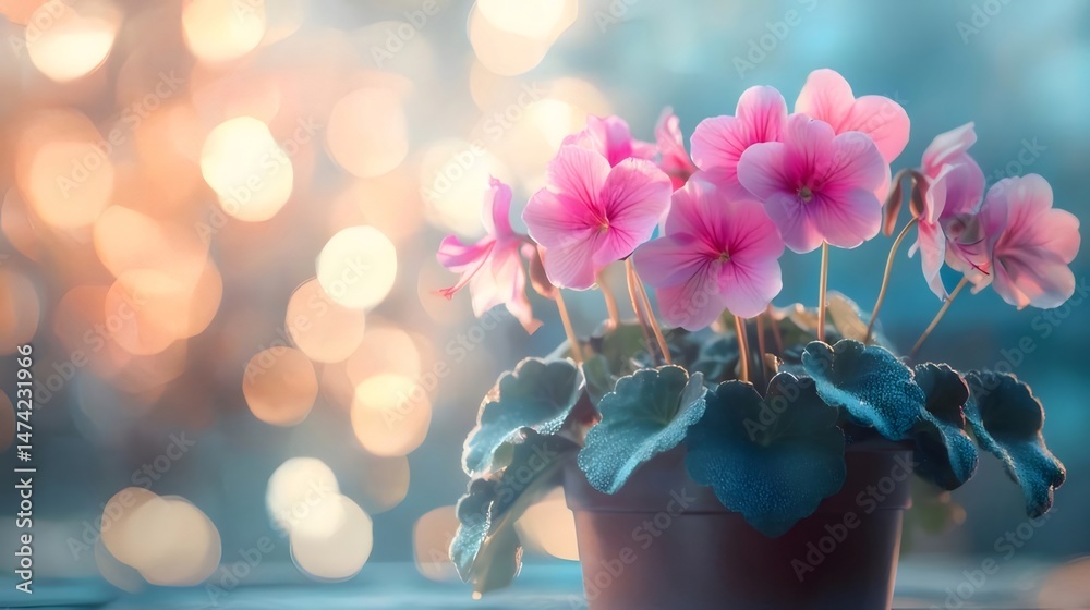 Aufkleber ピンクの花が咲く鉢植え植物と柔らかなボケの背景が美しい静物写真