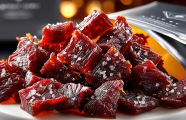 Obraz premium Gourmet beef jerky pieces on a plate with coarse sea salt sprinkled on top, showcasing rich texture and savory flavor in a close-up composition