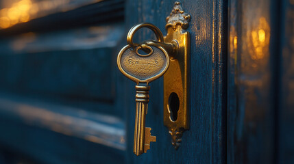 small house-shaped keychain with golden key hanging from it, keyhole visible 
