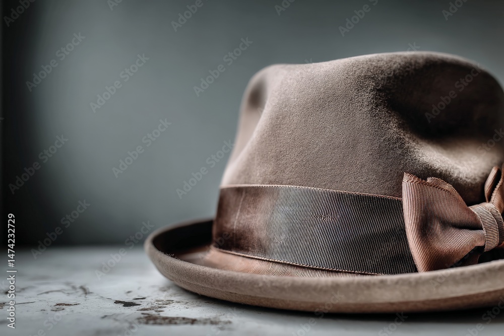 Aufkleber Vintage brown hat with a ribbon displayed on a textured surface in a softly lit setting