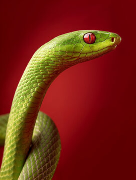 Close up of green snake with striking red eyes on red