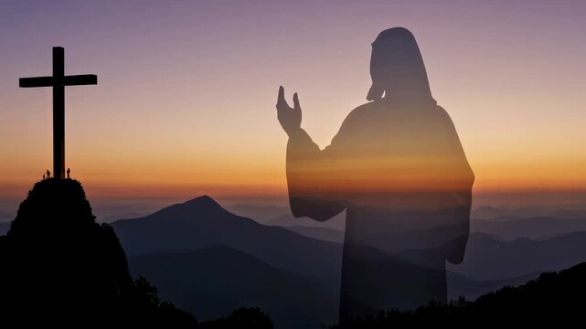 Silhouette of Jesus Christ with his hand raised in a blessing double exposed on an image of a cross on a mountain top against an epic sunset sky religious concept.