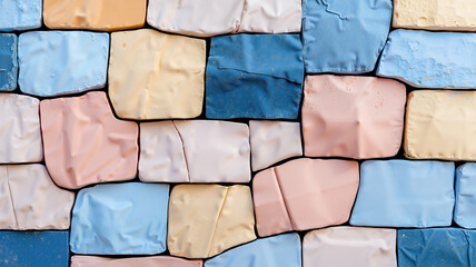 Surreal Summer Brick Wall Texture in Coral Pink, Golden Sand, and Sky Blue, Captured in Flat Lay with Seamless Polished Surface and Harmonious Dreamlike Gradients

