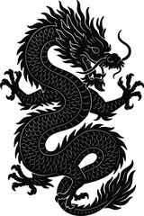 Illustration of a detailed black dragon with scales and claws on a white background design element