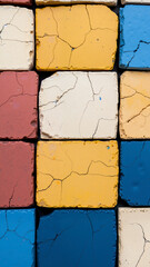 Surreal Weathered Brick Wall Texture with Citrus Yellow, Sky Blue, and Deep Magenta in Summer Palette, Blending Cracks and Paint Drips into Abstract Flat Lay Artwork

