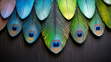 Iridescent Peacock Feather Texture in Summer Palette with Vibrant Blues, Greens, and Purples, Captured in Flat Lay Close-Up Highlighting Elegant Barbules and Sheen

