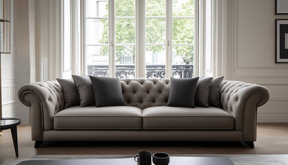 Modern sofa set in cozy living room with window background