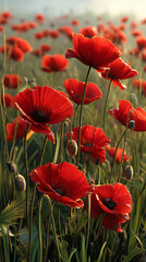 Obraz premium Vibrant Red Poppies Blooming in a Morning Meadow