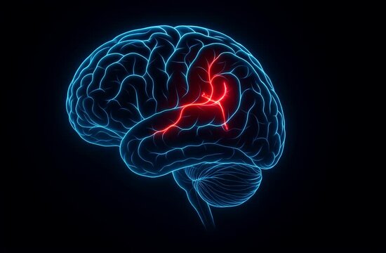 Illustration d&rsquo;un AVC dans le cerveau &ndash; vue m&eacute;dicale en lumi&egrave;re bleue