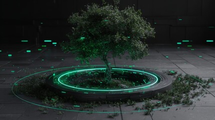 Obraz premium Concept of futuristic green technology featuring a digital interface and a tree growing in a virtual setting