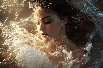 Fototapeta premium Serene woman immersed in water with eyes closed in a moment of peaceful tranquility