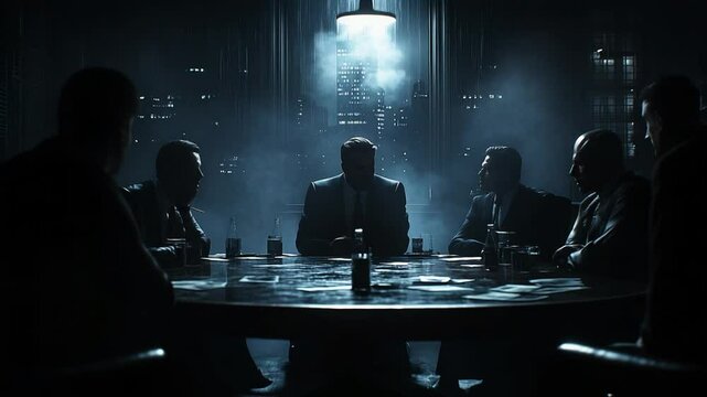 Intense business strategy discussion in a clandestine meeting setting, moody atmosphere