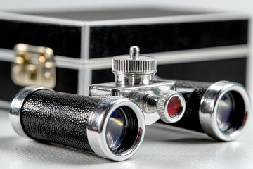 Vintage binoculars showcase with detailed craftsmanship resting beside a sleek black storage case