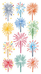 Fireworks Display Illustration: A vibrant, hand-drawn illustration showcasing a colorful array of fireworks bursting in the night sky, capturing the festive spirit of celebration and joy.