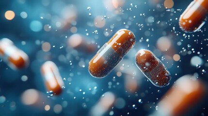Abstract Falling Capsules Orange and White Pills in Motion Against Blue Bokeh Background