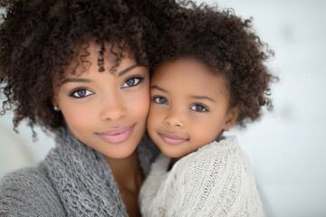 Obraz premium A mother and daughter of African descent are posing and hugging each other tightly