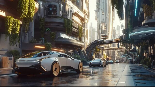 Futuristic Cityscape with Autonomous Vehicles Navigating Urban Environment of Tomorrow