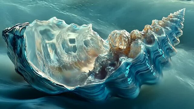 A stunning close-up of a translucent seashell resting on a sandy beach, with waves crashing softly in the background