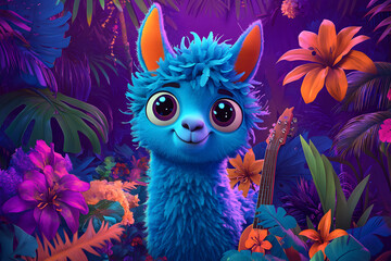 Fototapeta premium Cute Blue Llama in Vibrant Tropical Paradise with Guitar