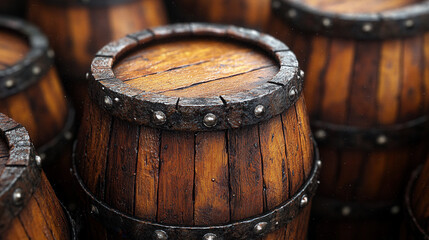 Fototapeta premium a close-up of wooden barrels stacked vertically, showcasing the wine aging process 
