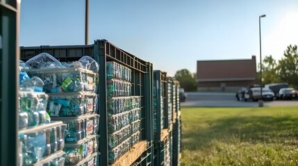 Fototapeta premium Plastic water bottles stacked in recycling containers outdoors.