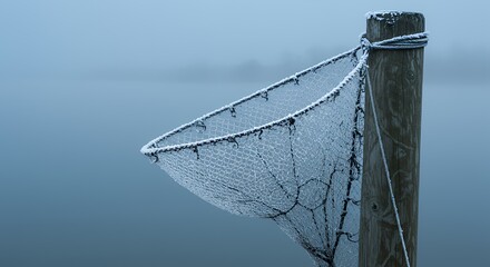 Fishing net covered in frost on wooden pole