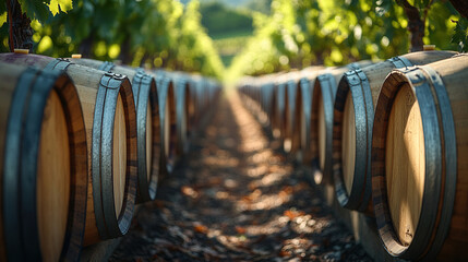 a close-up of wooden barrels stacked vertically, showcasing the wine aging process 