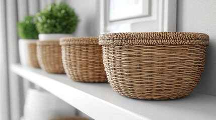 a clean white shelf holding a mix of woven storage baskets, organized for a minimalist closet setup