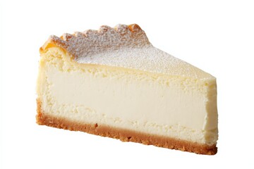 A slice of creamy cheesecake, dusted with powdered sugar.