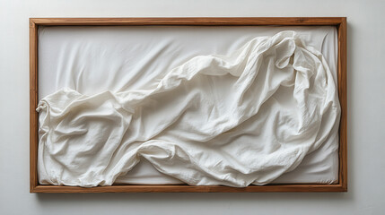 Obraz premium flat lay showing a blank wooden frame on the left, resting on a smooth white bedsheet 