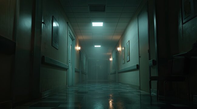 Empty hospital corridor at night.  Dim, eerie, and slightly foggy