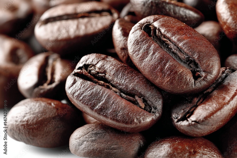 Poster freshly roasted coffee beans displayed on a clean surface in natural light highlighting their rich t