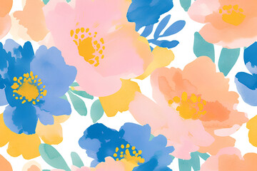 Floral seamless pattern with orange, blue and yellow flowers on white background. Image for textile, wallpaper and fashion prints.