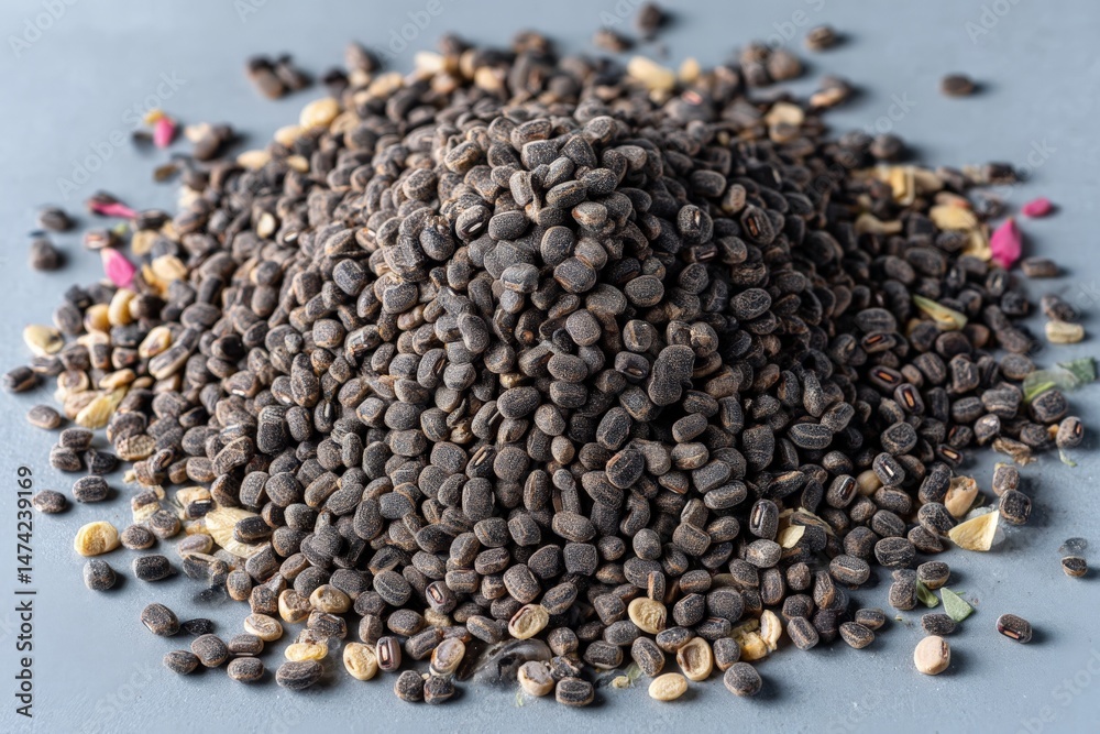 Poster seeds placed in a mound on a blue surface reflect natural textures and colors in a minimalist arrang