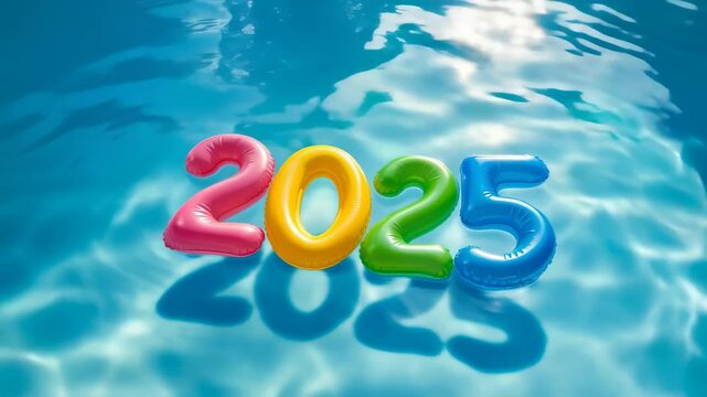 Inflatable pool party toy numbers of 2025 floating on blue water. Summer mood