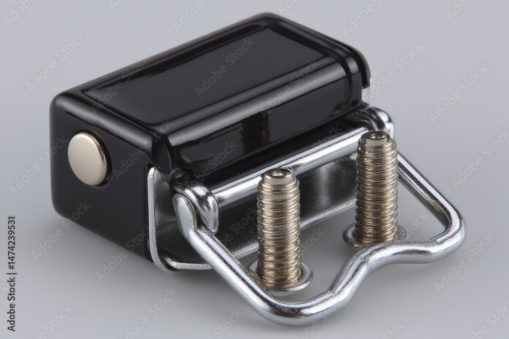 Poster Close-up view of a black paper stapler resting on a smooth surface showcasing its metal components and sleek design