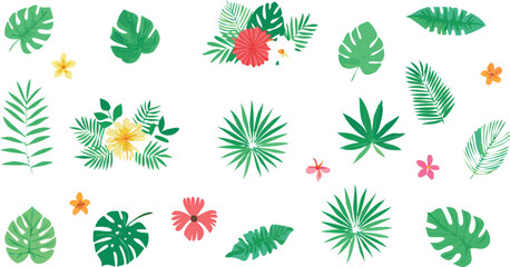 Tropical Plants Leaves Flowers Vector Illustration Summer Pattern Set